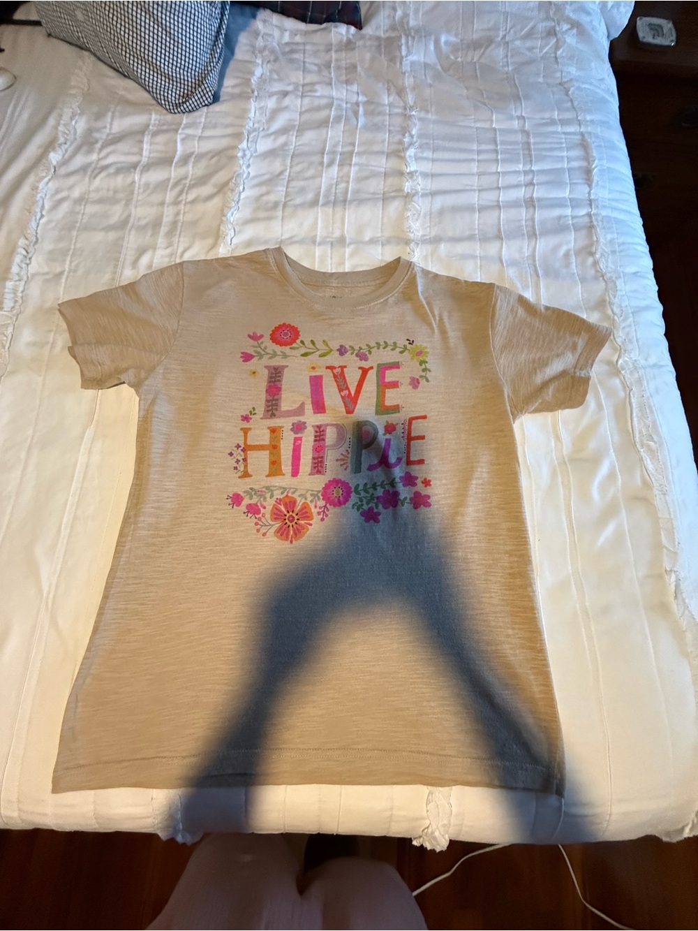 NATURAL LIFE Beige womens T-Shirt with Pink & Green Floral 'Live Hippie' Graphic - Picture 3 of 5